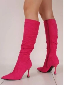Botas altas para mujer de otoño e invierno 2025, color rosa, tacones de aguja puntiagudos con pliegues, apropiadas para volver al colegio, el Día de San Valentín, citas, fiestas y compras - magenta - Ver 1