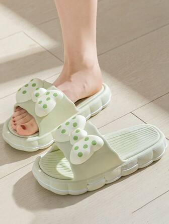 Summer Fashionable Cute Bow & Dot Decor Flat Women Slippers, Comfortable Soft Sole Lightweight Non-Slip House Sandals