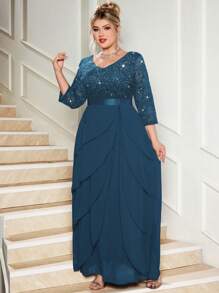 Plus V Neck Sequin Floral Lace Ruffle Trim Chiffon Hem Evening Party Maxi Dress, Elegant Prom Formal Wedding Guest Dress, New Year Dress, Winter Dress, For Graduation, Birthday, Homecoming