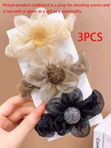Aylhfo Set de 3 accesorios para el cabello de niña con diseño floral, que incluye: 1 coletero de flor de organza beige, 1 flor marrón y 1 liga para el cabello negra para uso diario