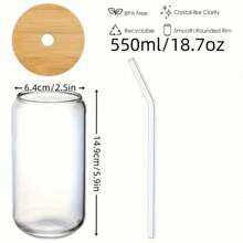 8pc, Glass Cup With Bamboo Lid And Glass Straw+Straw Brush, Exquisite Glass Cup, Straw Cup Perfect For Soda Water, Boba Tea, Cocktails, Beer, Iced Coffee Cup 18.7 Ounces - trong suốt - Xem 2