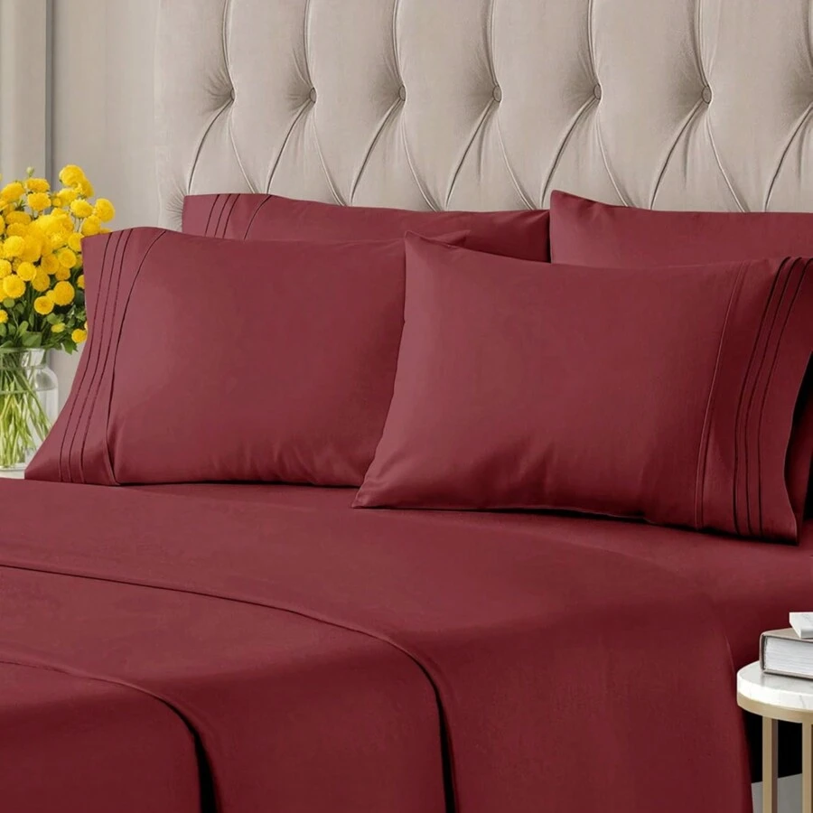2100 Series Luxury Deep Pocket Bed Sheet Set 6-Piece - 酒紅色 - 查看 1