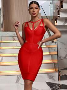 Summer Sexy Spaghetti Strap V Neck Cut Out Dress Elegant Red Short Bodycon Bandage Dress Evening Cocktail Party Dress For Women