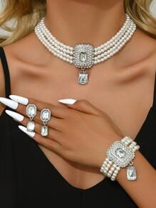 4pcs Set Luxury Exaggerated Multilayer Faux Pearl, Crystal & Rhinestone Embellished Necklace, Earrings, Bracelet Set, Suitable For Women Wedding, Party, Holiday Gift - Multicolor - View 4