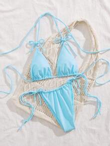 PEPPERMOLLY New Soft Solid Color Backless Tie-Up Bikini, Sexy Women Summer Beach Swimwear Set, Sky Blue Swimwear - Sky Blue - View 4