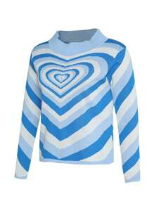 Women Love Heart Print Sweater, Long Sleeve O-neck Knitted Pullover for Winter, Autumn - Azul - Ver 2