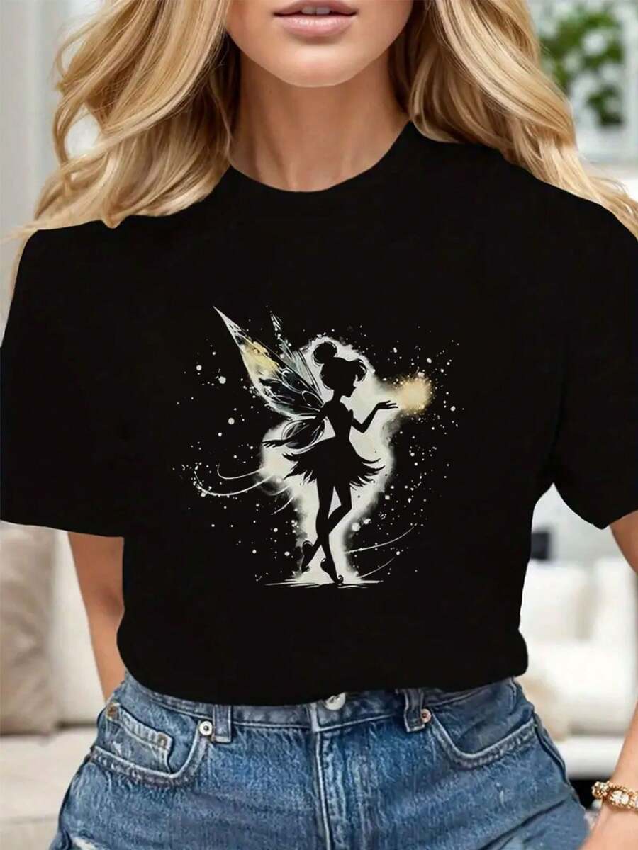 Soft Cotton Cartoon Fairy Graphic T-Shirt Casual Crew Neck Comfortable For Casual Wear
