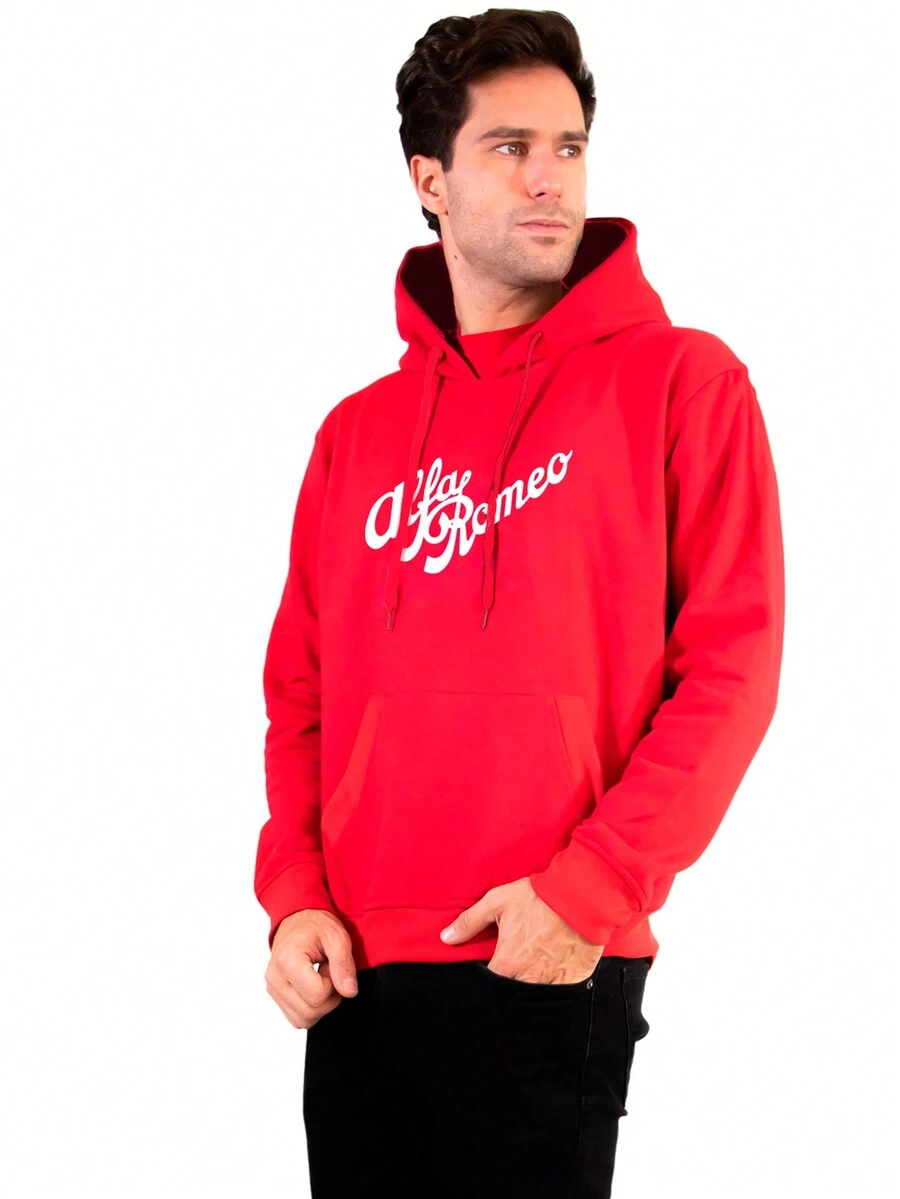 Alfa Romeo Men's Solid Color Drawstring Design Sweatshirt With Pocket - Red - View 1