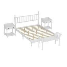 Juego de dormitorio de 4 piezas estilo retro, cama tamaño queen con plataforma y cabecero en forma de calabaza, mesita de noche con espacio de almacenamiento y banco con patas torneadas, color blanco