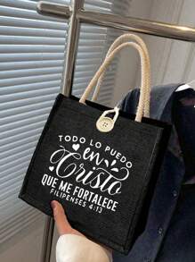 Christian Themed Small Tote Bag , Letter Pattern, Reusable Printed Women's Tote Bag, Double Handle Shopping School Bag, Large Capacity Shoulder Bag, Casual Tote Bag,Christmas Storage Bag, Suitable For Commuting, School And Shopping, Convenient For Outdoor Use, Gift For Friends And Besties, Teacher Gift,Easter Bonus , Perfect Choice For Vacation And Festival - Black - View 8