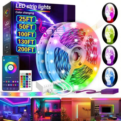 RGB LED Smart Lights With 25/50/100/130/200 Feet, Application And Remote Control, Christmas, Halloween Decorations, Suitable For Family And Friends Reunion, Bedroom, Atmosphere Creation, Party Holiday Decorations.