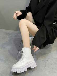 Botas cortas de estilo británico para mujer,Botas Unisex Con Cordones Y Cremallera Frontal.Botas De Combate Con Punta Redonda Y Tacón Medio.  Botas Delanteras Con Cordones Y Cremallera Lateral Negras Para Mujer,Botas De Moda Negras Punk.Botas De Combate Delanteras Con Cordones Y Cremallera Lateral Para Mujer, - Blanco - Ver 1