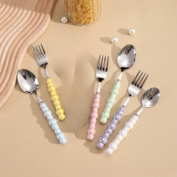 2pcs Macaron Pearl Spoon & Fork, Ceramic Spoon & Fork, Dessert Spoon Portable Cutlery Set, Soup Spoon Camping Utensils