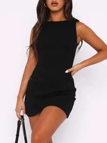 Women's Sleeveless Round Neck Fitted Solid Color Sexy Cute Y2K Fashion Casual Vacation Mini Dress, Spring/Summer