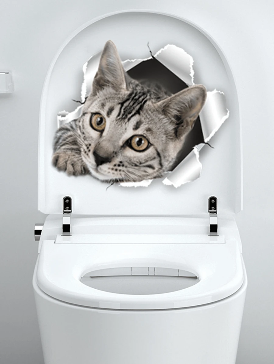 Calcomanía para tapa de inodoro con estampado de gato, pegatinas, calcomanía de pared, calcomanía de vinilo para decoración del hogar, artículos de decoración de primavera para refrescar tu hogar, pegatinas de decoración de ramas - Multicolor - Ver 1