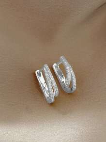 1 Pair Fashionable Luxury Vintage Rhinestone Circle Hoop Earrings, Versatile & Chic Design - Silver - View 2