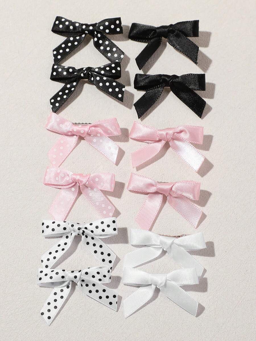 12 件 Y2K 风格迷你纯色和波尔卡圆点蝴蝶结发夹，适合有刘海和辫子的女孩 - 彩色 - 查看 1