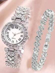 2 件裝女士羅馬數字和水鑽裝飾石英手錶和心形吊飾手鍊套裝,適合日常佩戴 - 銀色 - 查看 1