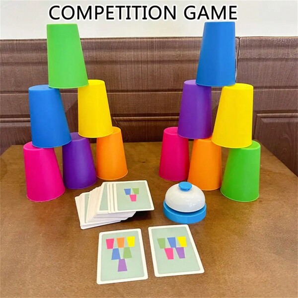 1 Set: 54pcs Cards, 12pcs Cups, 1pc Bell Game Set, Puzzle Match, Cup Stacking, Tabletop Game, Stacking Tower Game, Christmas Gift, Interactive Toy