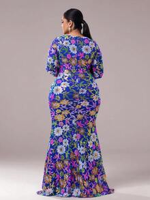 seomiscky Plus Size Long Sleeve Sequined Floral Print Bodycon Evening Gown, Party Dress, Wedding Guest Dress, Formal Dress, Evening Dress
