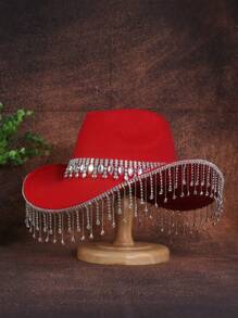 1 szt. Czapka z frędzlami z kryształkami, modna czapka typu fedora w jednolitym kolorze, filcowy kapelusz kowbojski na imprezę