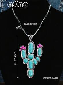 Women's Personalized Western Country-Style Oversized Cactus Pendant Necklace (New For Autumn/Winter). Inlaid With Natural Turquoise, Multi-Layered Pearl Necklace, Each Turquoise Is Unique And Full, Suitable For Multiple Wears. Pairs Well With Jeans And Casual T-Shirts For A Fashionable Look! Great For Self-Purchase Or Gift To Best Friends