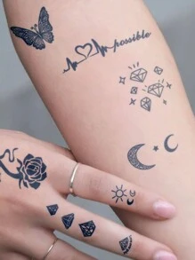 CAT QUEEN ART 4pcs Multi-Pattern Combination Semi-Permanent Tattoo Stickers, Herbal Juice, Butterfly, Diamond, Crescent Moon, Bird, Feather, Heart, Rose Designs, 7-14 Days Long-Lasting, Non-Fading, Non-Reflective, Waterproof Tattoo Stickers For Wrist, Ankle, Shoulder, Neck, Collarbone - Blue - View 1