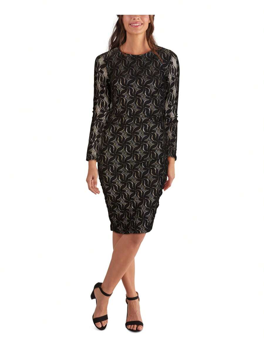 KENSIE Womens Body Con Midi Dress Zippered Textured Crew Neck Party - Black - View 1