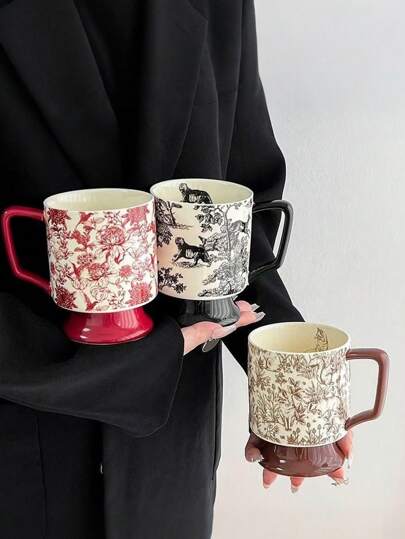 Vintage Minimalist Stylish Mug, 3-Color Options (Black, Red, Brown), With Forest Pattern Wrapping Around The Body. Can Be Used As Drinkware Or Decor, Suitable As Birthday, Party, Couple, Daily Use, Or Newlywed Gift. Back To School