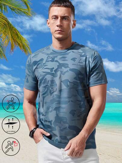 1 件男士夏季透气网眼迷彩 T 恤，速干短袖运动 T 恤，适合篮球、户外活动