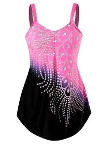 Women Plus Size One-Piece Swimsuit With Rhinestones Contrast Color Swimwear,Sizes S-6XL - Pink - View 3
