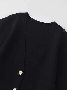 Minimalist Solid Color V-Neck Short Sleeve Knitted Cardigan, Elegant - Black - View 2