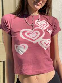 Women's Valentine's Day Crop Tops Short Sleeve Round Neck Heart Print Slimming Baby Tees