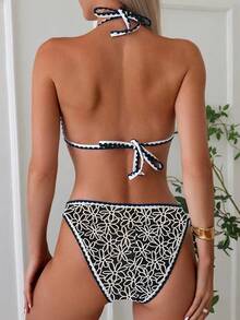 Women's Halter Neck Bikini Set, Sexy & Slimming, For Summer Beach Vacation - Black and White - View 2