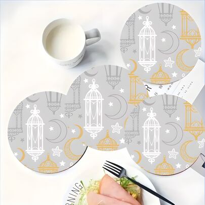 4 件/套斋月假期系列浅色灯笼图案杯垫，10 厘米/2 毫米厚橡胶软底圆形吸水橡胶饮料杯垫，防滑背衬，杯子装饰杯垫，家庭厨房餐桌装饰