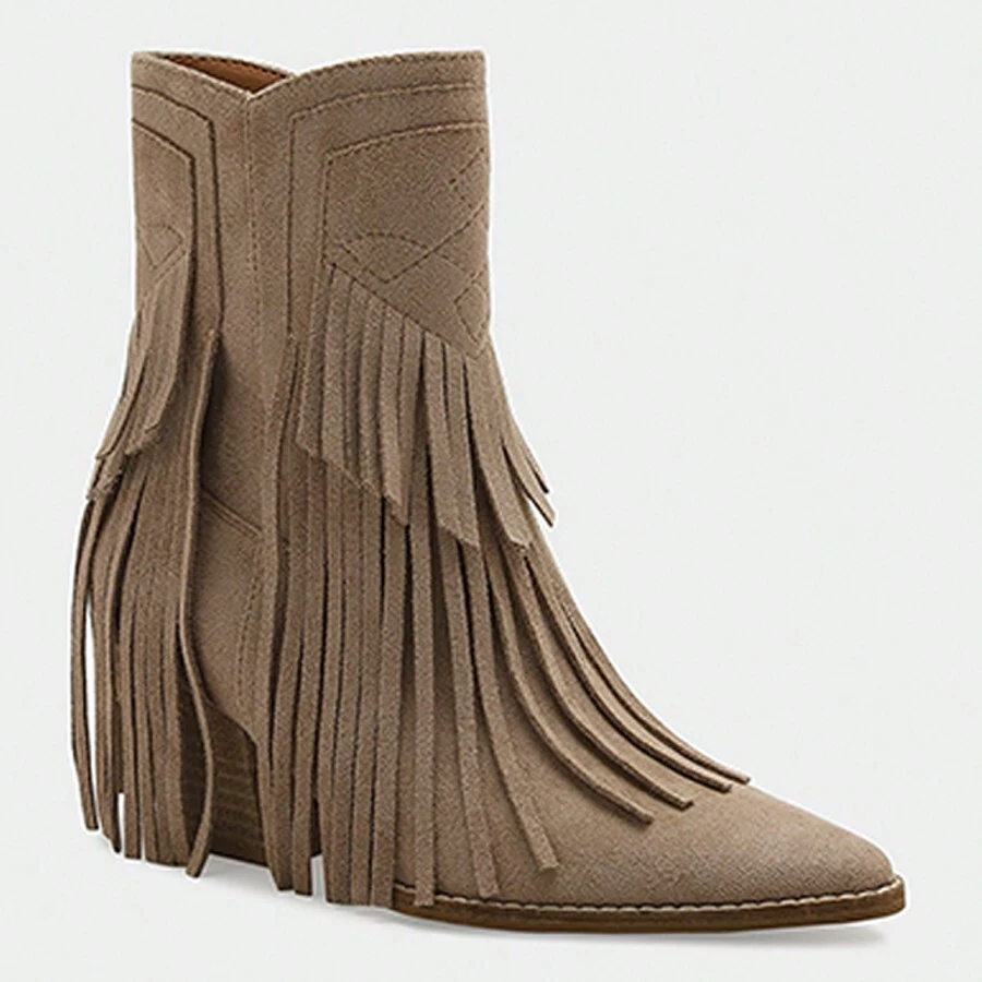 Women's Fringe Western Boots Cowboy Boots Pointed Toe Stacked Block ...