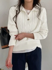 女士纯色优雅高领长袖麻花针织宽松休闲毛衣上衣，秋冬款 - 白色 - 查看 6