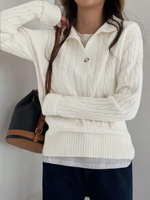 女士纯色优雅高领长袖麻花针织宽松休闲毛衣上衣，秋冬款 - 白色 - 查看 5