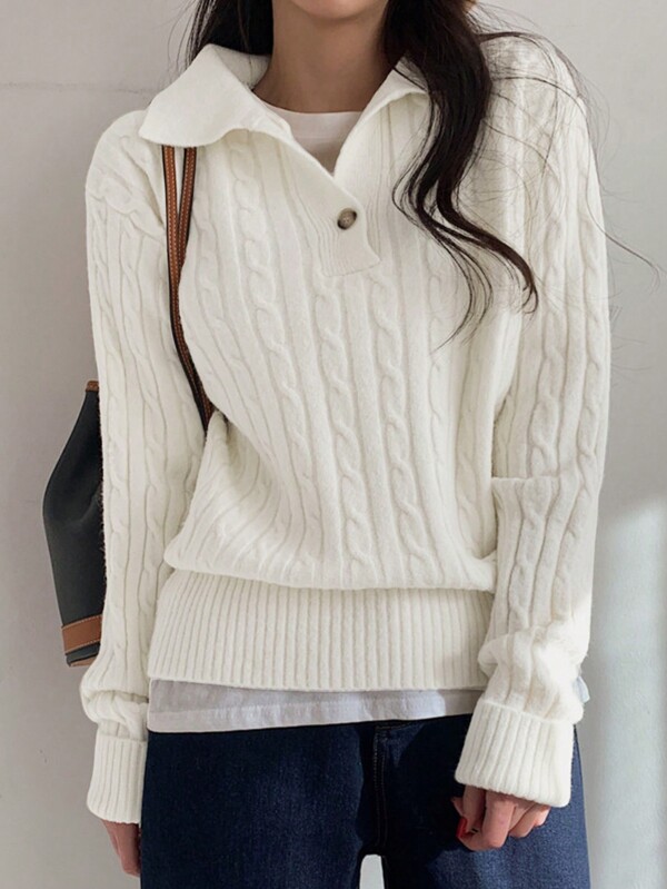 Women's Solid Color Elegant Polo Neck Long Sleeve Cable Knit Loose Casual Sweater, Autumn/Winter
