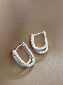 1 Pair Fashionable Luxury Vintage Rhinestone Circle Hoop Earrings, Versatile & Chic Design - Silver - View 4