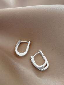 1 Pair Fashionable Luxury Vintage Rhinestone Circle Hoop Earrings, Versatile & Chic Design - Silver - View 3
