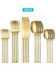 Stainless Steel Tableware Set, 5/20/30pcs Golden/Silver/Black Cutlery Set-Includes Dining Knives, Table Forks, Dining Spoons, Teaspoons And Dessert Forks, Forks For Salad/Appetizers/Dessert, And Mini Spoons For Coffee/Tea/Dessert/Cake/Stirring/Fruit/Ice Cream, Reusable Steak Knife, Soup Spoon, Teaspoon, Main Fork, Mini Forks