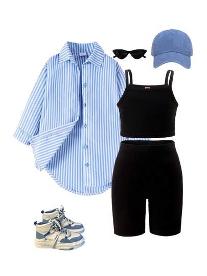 3pcs Young Girl Casual Long Sleeve Shirt, Tank Top, Sports Shorts Set, Summer