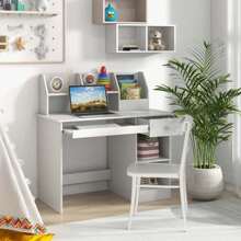 Lifezeal Kids Study Desk Children Writing Table With Hutch Drawer Shelves & Keyboard Tray - White - View 2