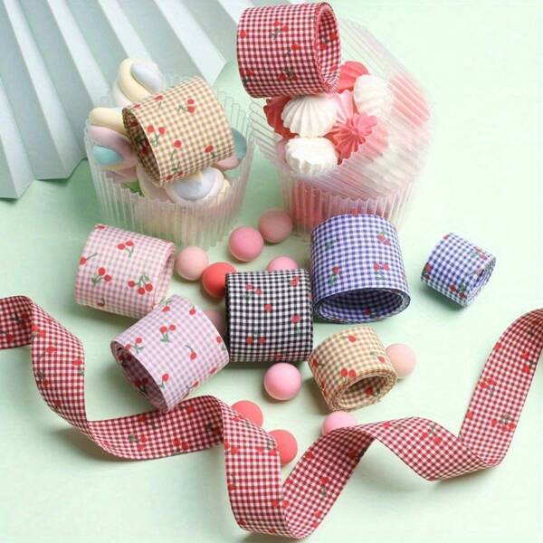 Double-Sided Fine Plaid Cherry Grosgrain Ribbon, DIY Handmade Bow Hair Accessories, Gift Box, Flower Wrapping Ribbon