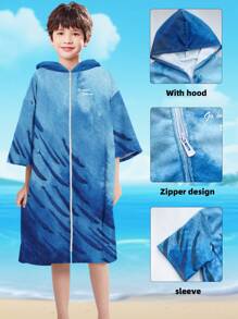 1 Peça Capa de Praia com Capuz em Microfibra de Secagem Rápida para Crianças/Meninos, Tema Oceânico, Tamanho Ampliado, À Prova de Vento, Quente e Absorvente para Surfe, Piscina, Praia, com Estampas de Tartaruga do Mar, Baleia, Tubarão