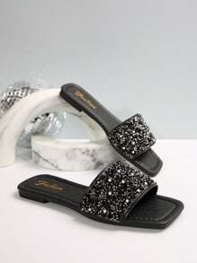 Plus Size Women's Black Slide Sandals, Spring/Summer New Square Toe Flat Sandals Suitable With Dresses, Fashionable Crystal Embellished Slip-On Slippers, Beautiful Girl's Summer Beach Slip-Resistant House Slippers