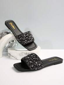 Plus Size Women's Black Slide Sandals, Spring/Summer New Square Toe Flat Sandals Suitable With Dresses, Fashionable Crystal Embellished Slip-On Slippers, Beautiful Girl's Summer Beach Slip-Resistant House Slippers