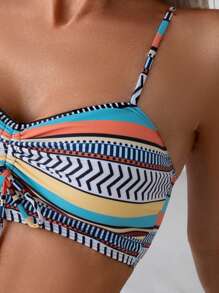 Aidonger 3-Piece Women's Striped Bandeau Bikini Set Swimsuit With Cover Up - 彩色 - 查看 4