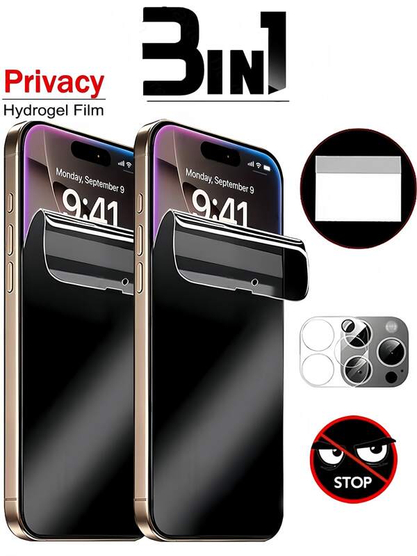 3in1/Set 2PCS Anti Spy Privacy Soft Hydrogel Film+1pc Lens Camera Glass Film No Bubbles, Easy To Stick[Fingerprint Unlocking Not Supported]Scratch Resistant, Durable, Good Quality Compatible With IPhone/Compatible With Samsung Galaxy/Compatible With Xiaomi/Redmi/Compatible With Huawei/Honor/POCO/ Pixel/And More Models Screen Protector Soft Film(Not Tempered Glass)